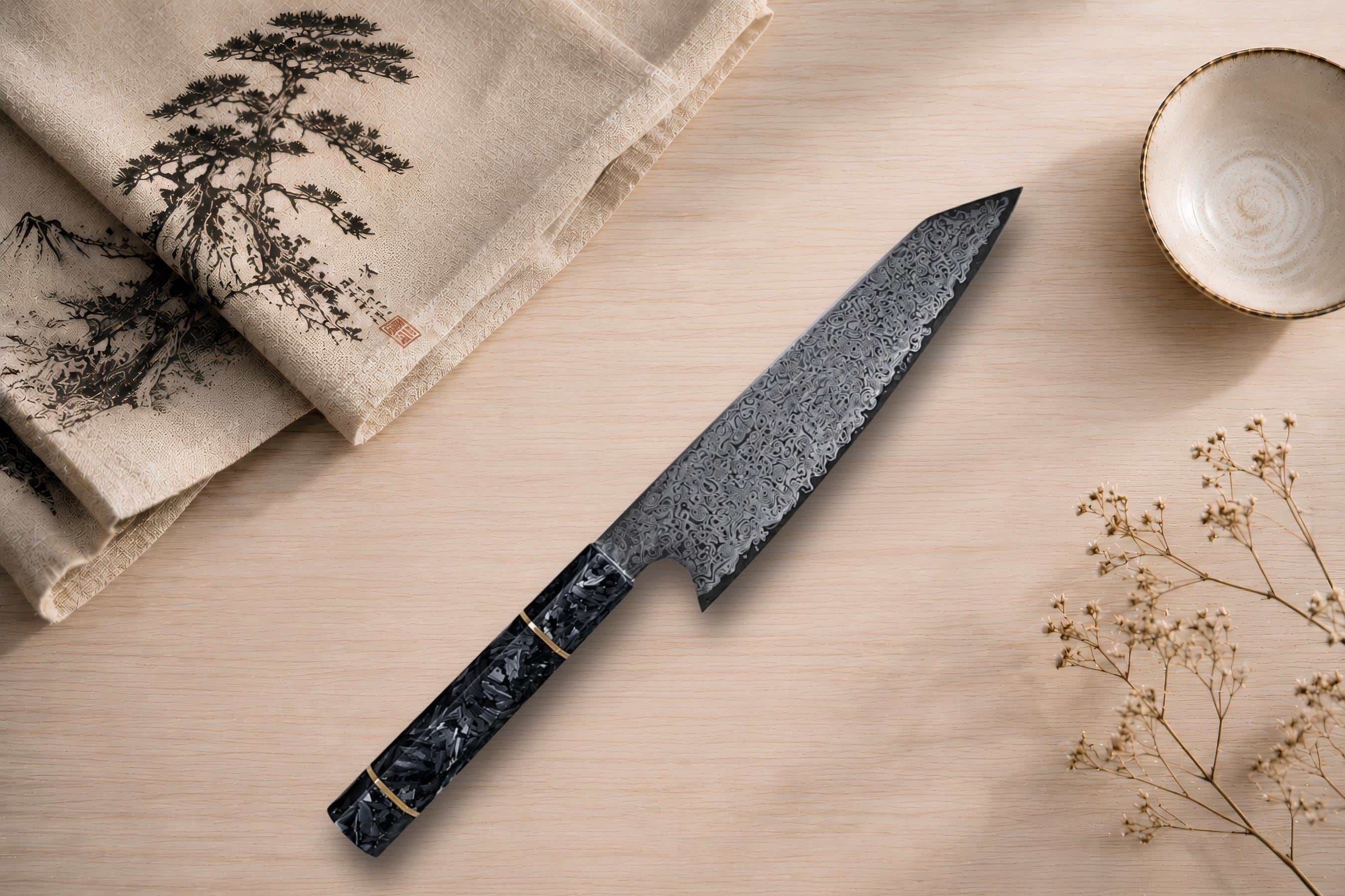 Nóż Kiritsuke ze stali damasceńskiej 8 cali – japoński nóż szefa kuchni, niezwykle ostry nóż kuchenny, rękojeść z włókna węglowego, prezent dla szefa kuchni