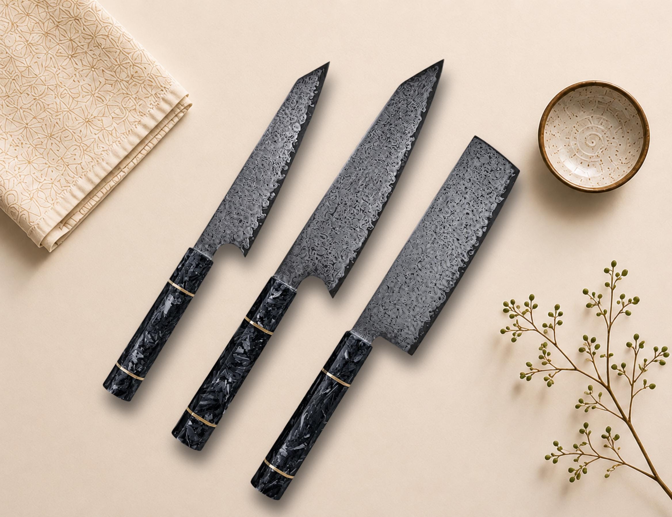 Zestaw noży Kiritsuke, Nakiri i Utility – japoński zestaw noży kuchennych ze stali damasceńskiej, rękojeści z włókna węglowego, prezent dla szefa kuchni premium, kuchnia japońska