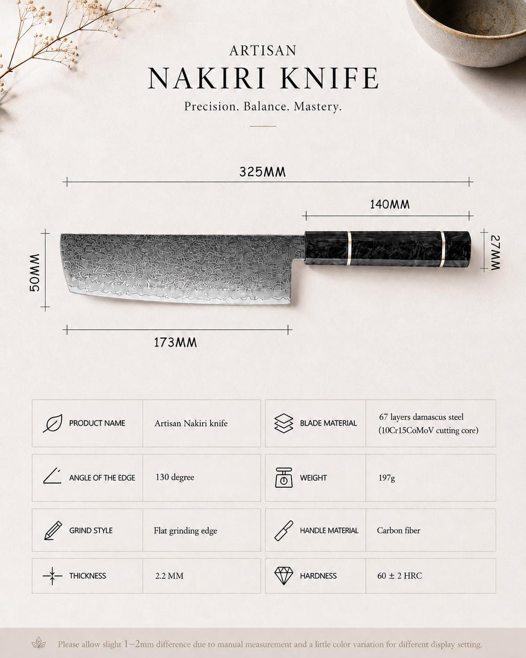 Nóż Nakiri ze stali damasceńskiej 7” – japoński nóż kuchenny, rękojeść z włókna węglowego, nóż szefa kuchni premium, prezent dla szefa kuchni