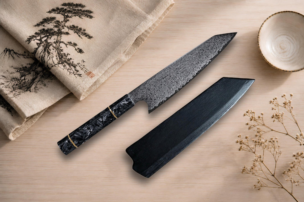 Nóż Kiritsuke ze stali damasceńskiej 8 cali z magnetycznym drewnianym Saya – japoński nóż szefa kuchni, rękojeść z włókna węglowego, niezwykle ostry nóż kuchenny, prezent dla szefa kuchni