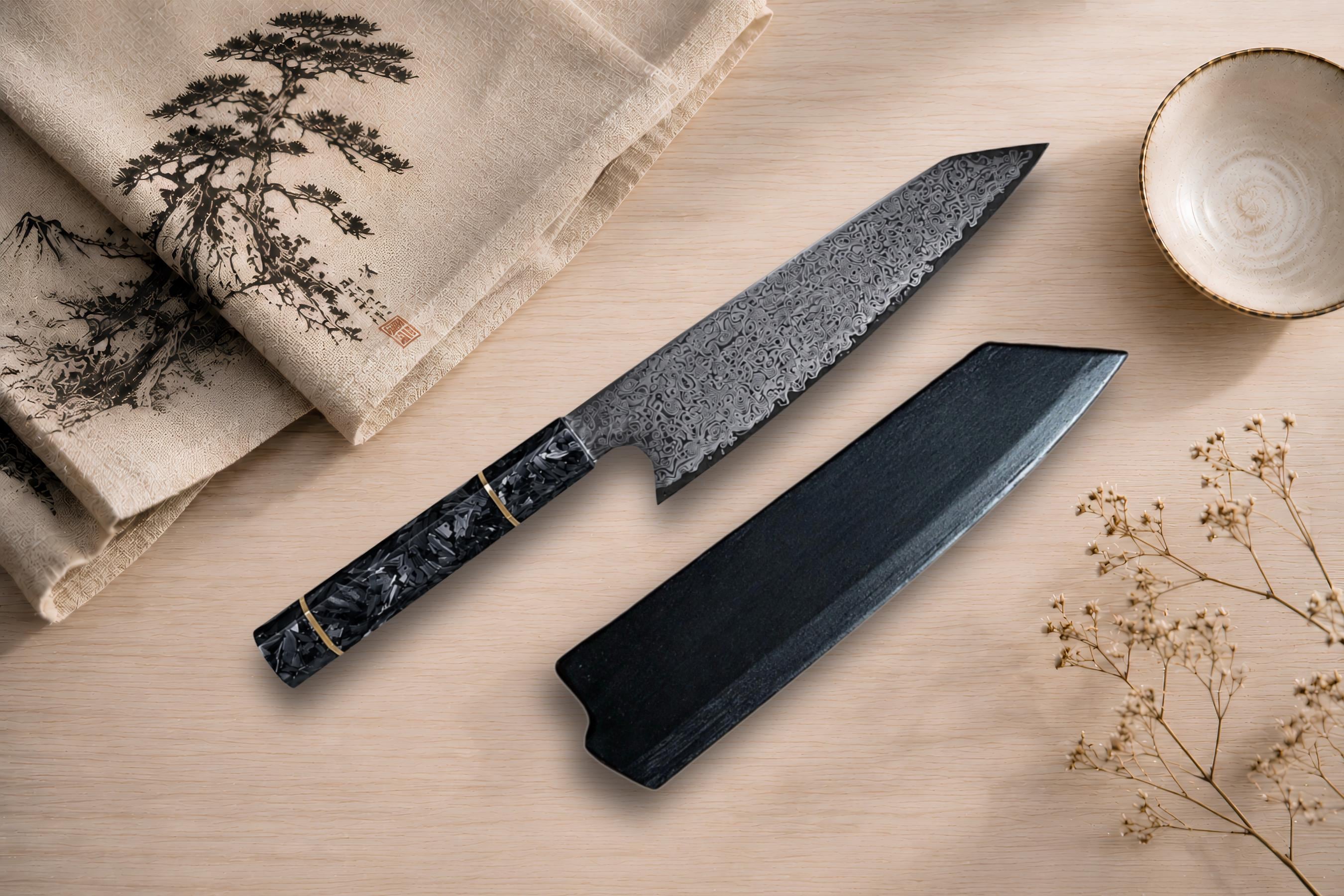 Nóż Kiritsuke ze stali damasceńskiej 8 cali z magnetycznym drewnianym Saya – japoński nóż szefa kuchni, rękojeść z włókna węglowego, niezwykle ostry nóż kuchenny, prezent dla szefa kuchni