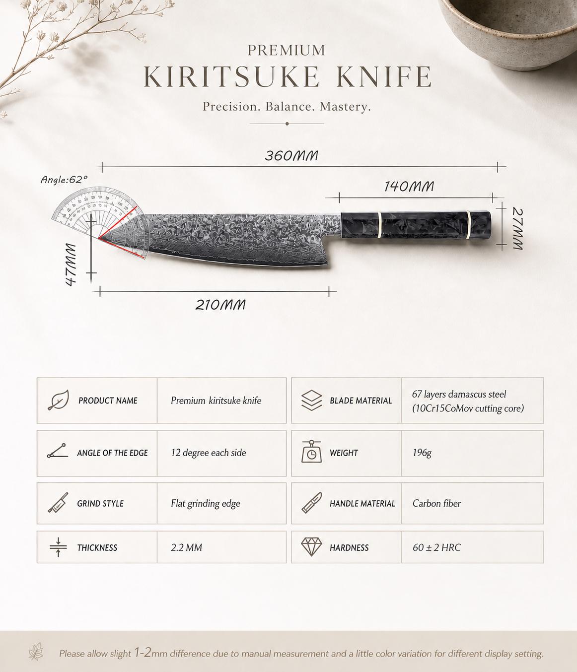 Nóż Kiritsuke ze stali damasceńskiej 8 cali – japoński nóż szefa kuchni, niezwykle ostry nóż kuchenny, rękojeść z włókna węglowego, prezent dla szefa kuchni