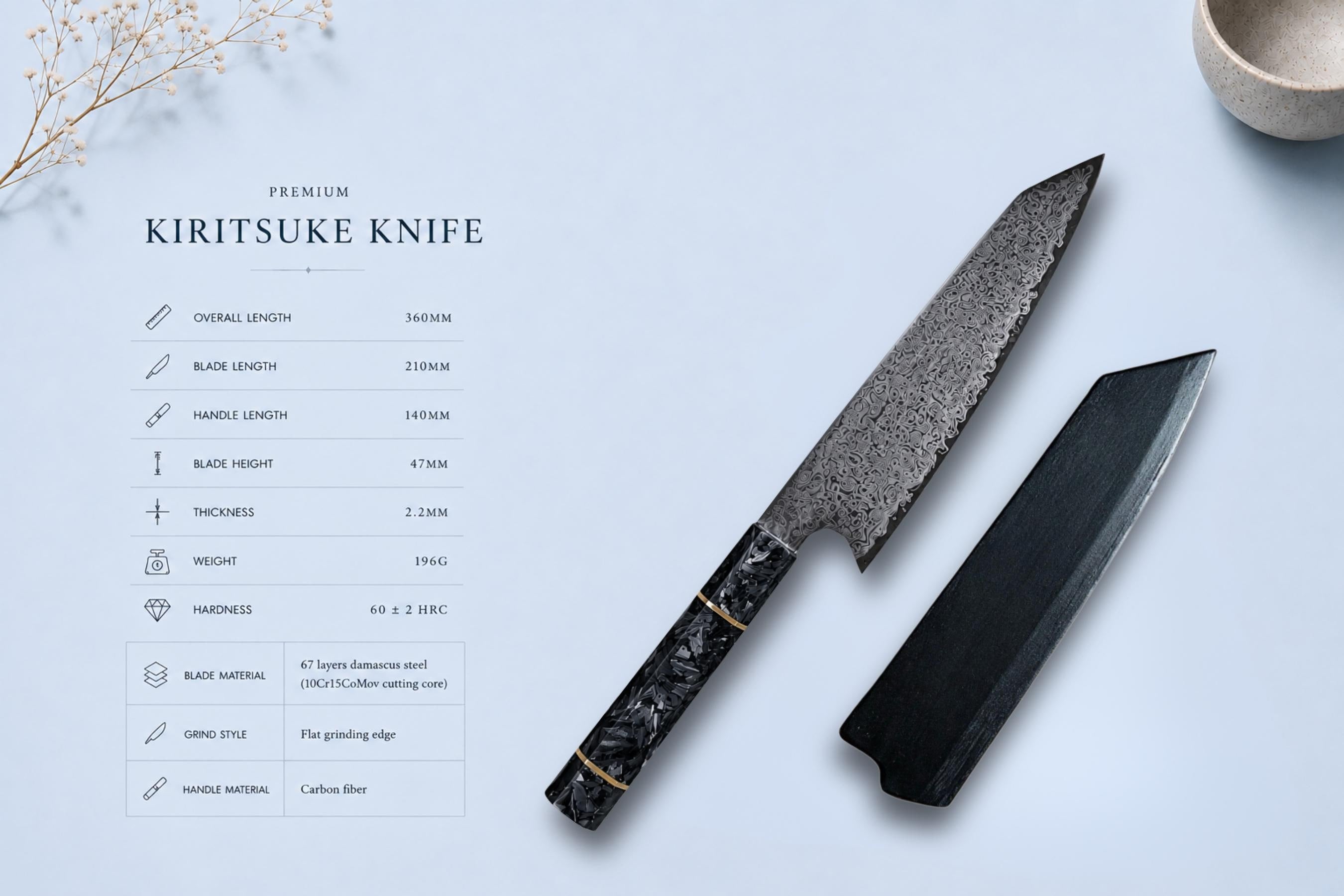 Nóż szefa kuchni Kiritsuke 8" z magnetyczną deską do krojenia Saya i akacjową – zestaw prezentowy z japońskim nożem damasceńskim i blokiem tnącym z akacji End Grain