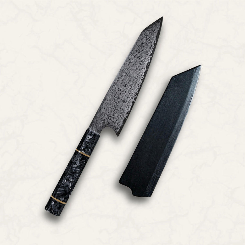 Nóż Kiritsuke ze stali damasceńskiej 8 cali z magnetycznym drewnianym Saya – japoński nóż szefa kuchni, rękojeść z włókna węglowego, niezwykle ostry nóż kuchenny, prezent dla szefa kuchni