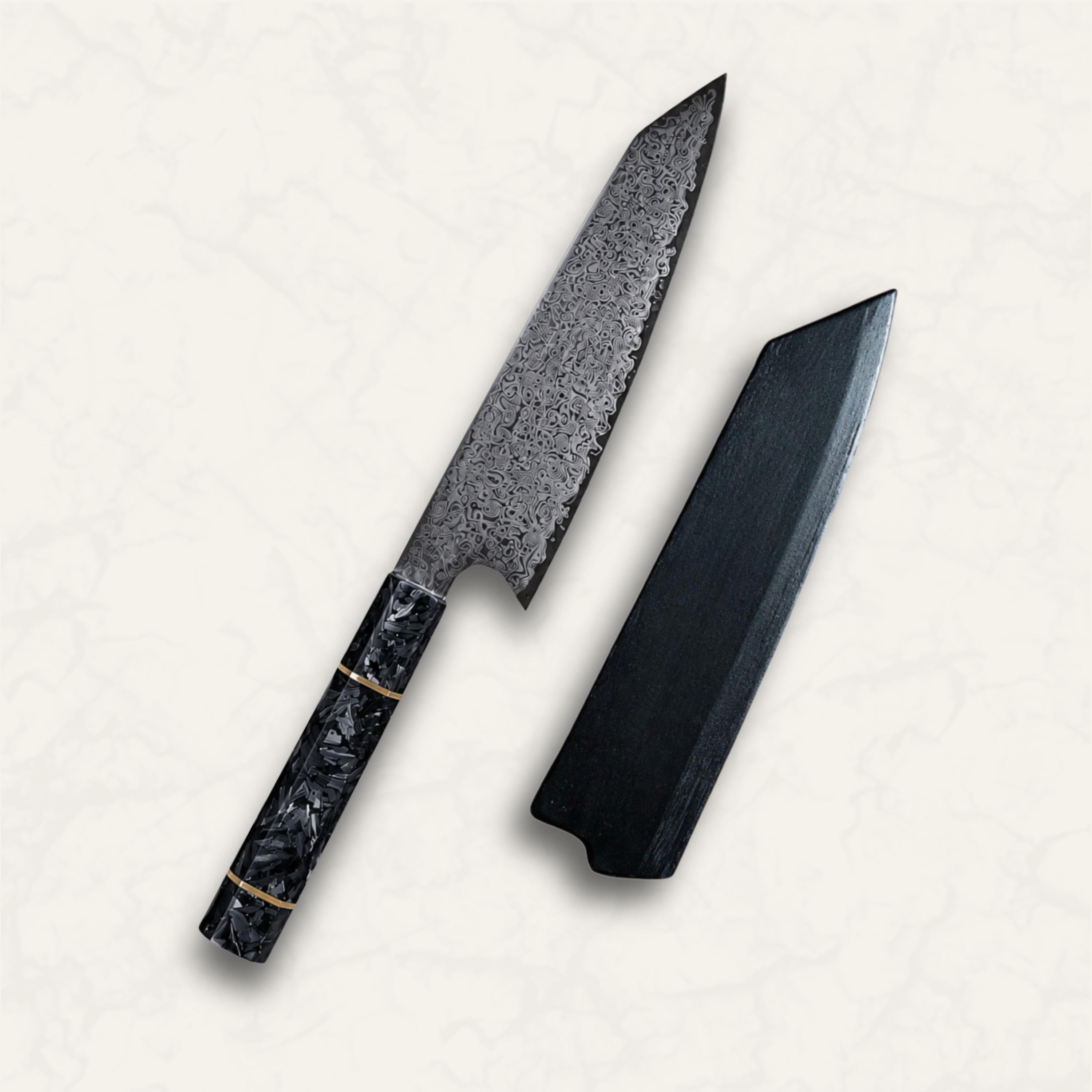 Nóż Kiritsuke ze stali damasceńskiej 8 cali z magnetycznym drewnianym Saya – japoński nóż szefa kuchni, rękojeść z włókna węglowego, niezwykle ostry nóż kuchenny, prezent dla szefa kuchni