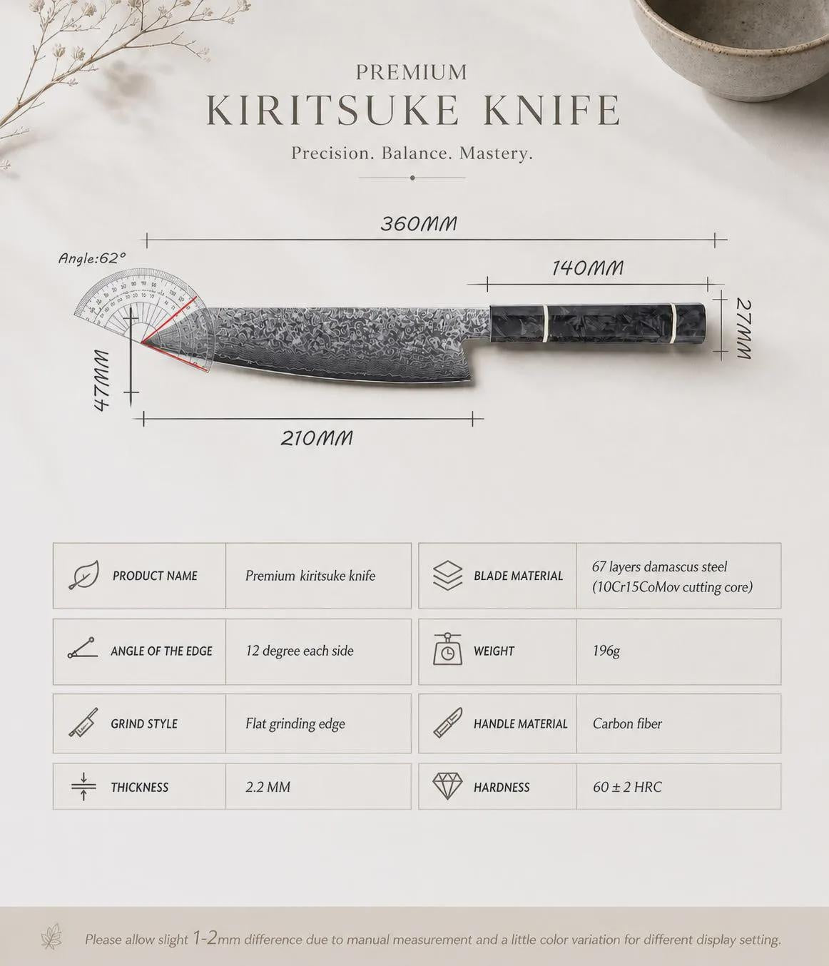 Nóż Kiritsuke ze stali damasceńskiej 8 cali z magnetycznym drewnianym Saya – japoński nóż szefa kuchni, rękojeść z włókna węglowego, niezwykle ostry nóż kuchenny, prezent dla szefa kuchni