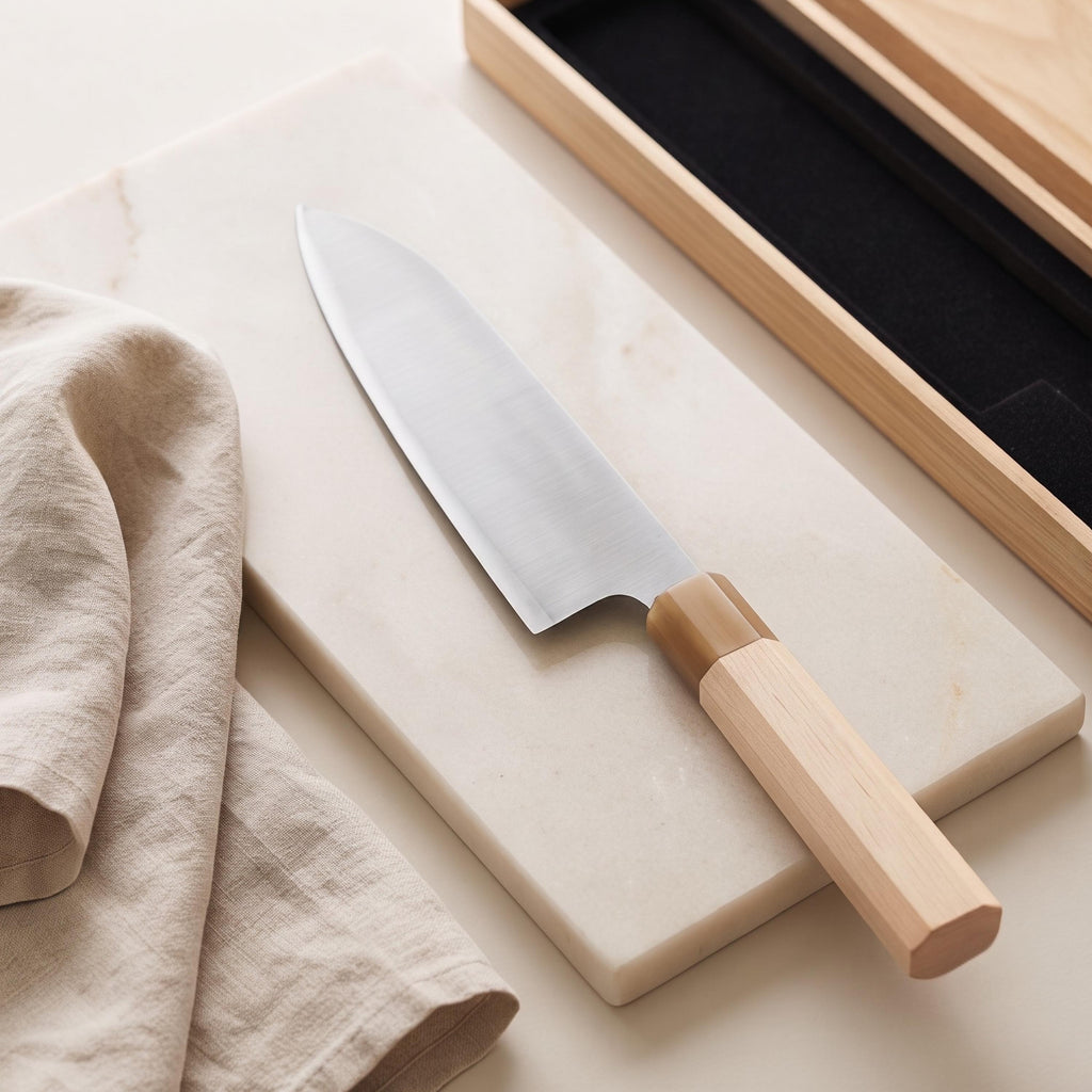 Nóż Santoku Aogami No.2 7" – japońska niebieska stal San Mai, nóż szefa kuchni ze stali węglowej, rękojeść z klonu Wa, nóż kuchenny, prezent dla szefa kuchni