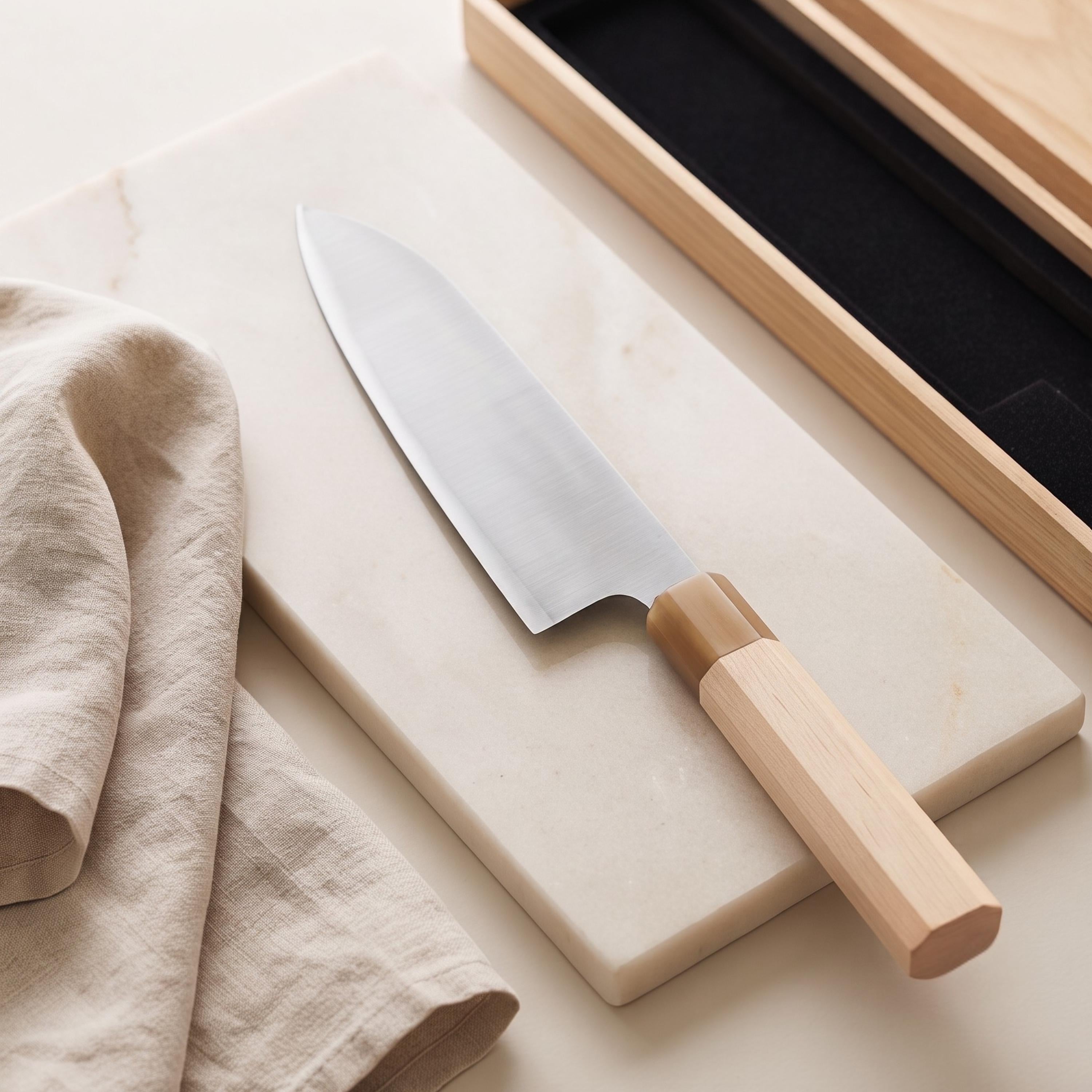 Nóż Santoku Aogami No.2 7" – japońska niebieska stal San Mai, nóż szefa kuchni ze stali węglowej, rękojeść z klonu Wa, nóż kuchenny, prezent dla szefa kuchni