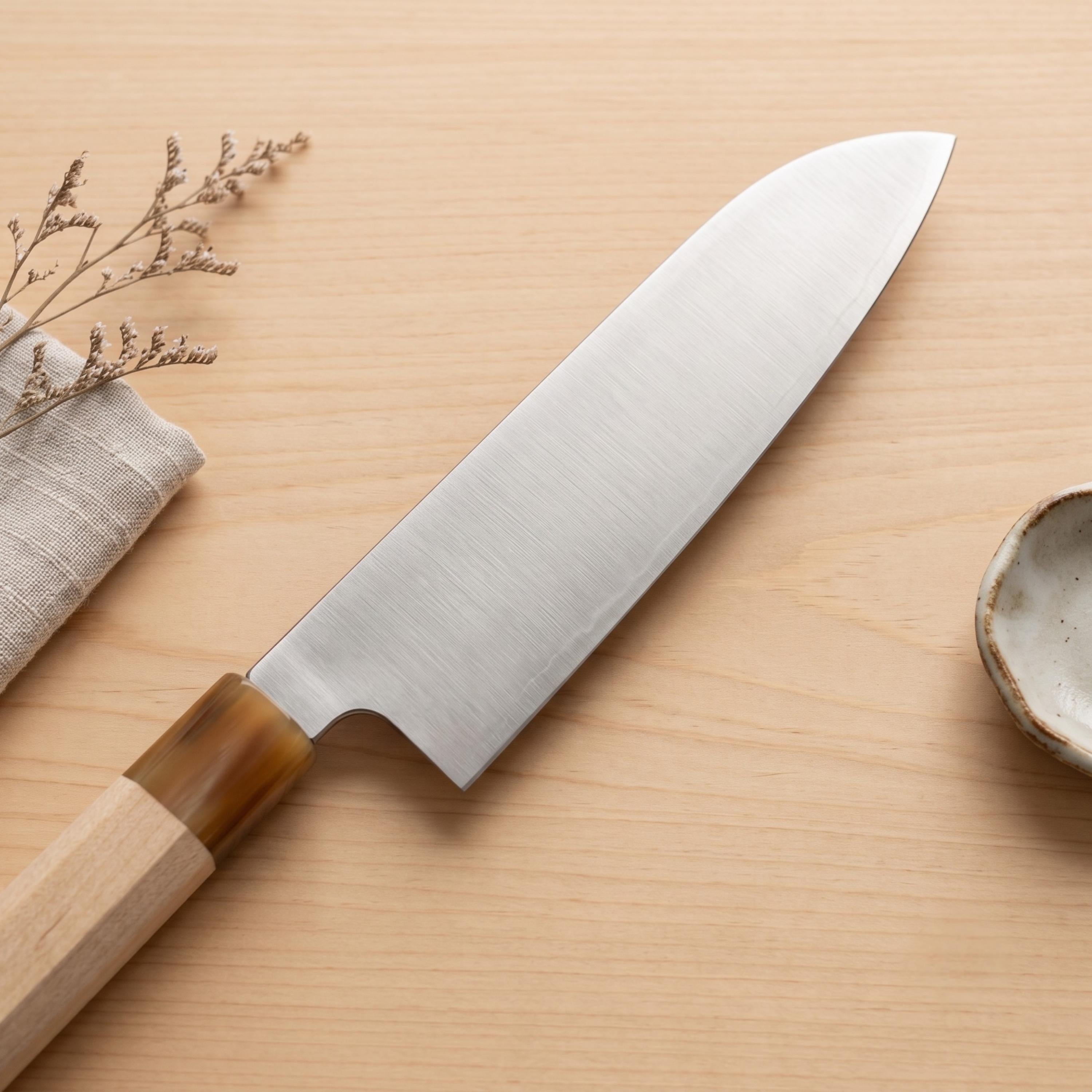 Nóż Santoku Aogami No.2 7" – japońska niebieska stal San Mai, nóż szefa kuchni ze stali węglowej, rękojeść z klonu Wa, nóż kuchenny, prezent dla szefa kuchni